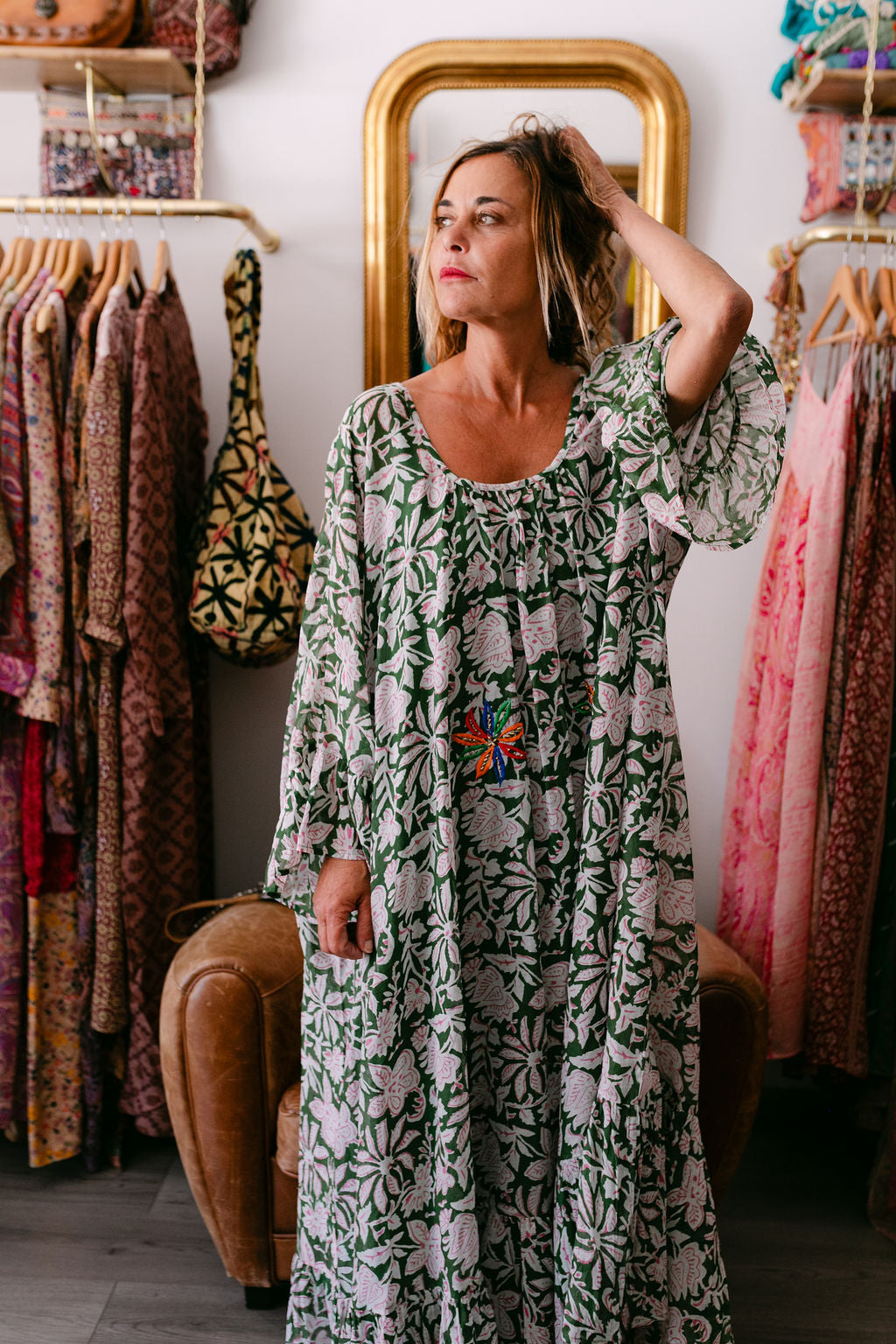 VERONIKA GREEN PRINT WITH EMBROIDERY