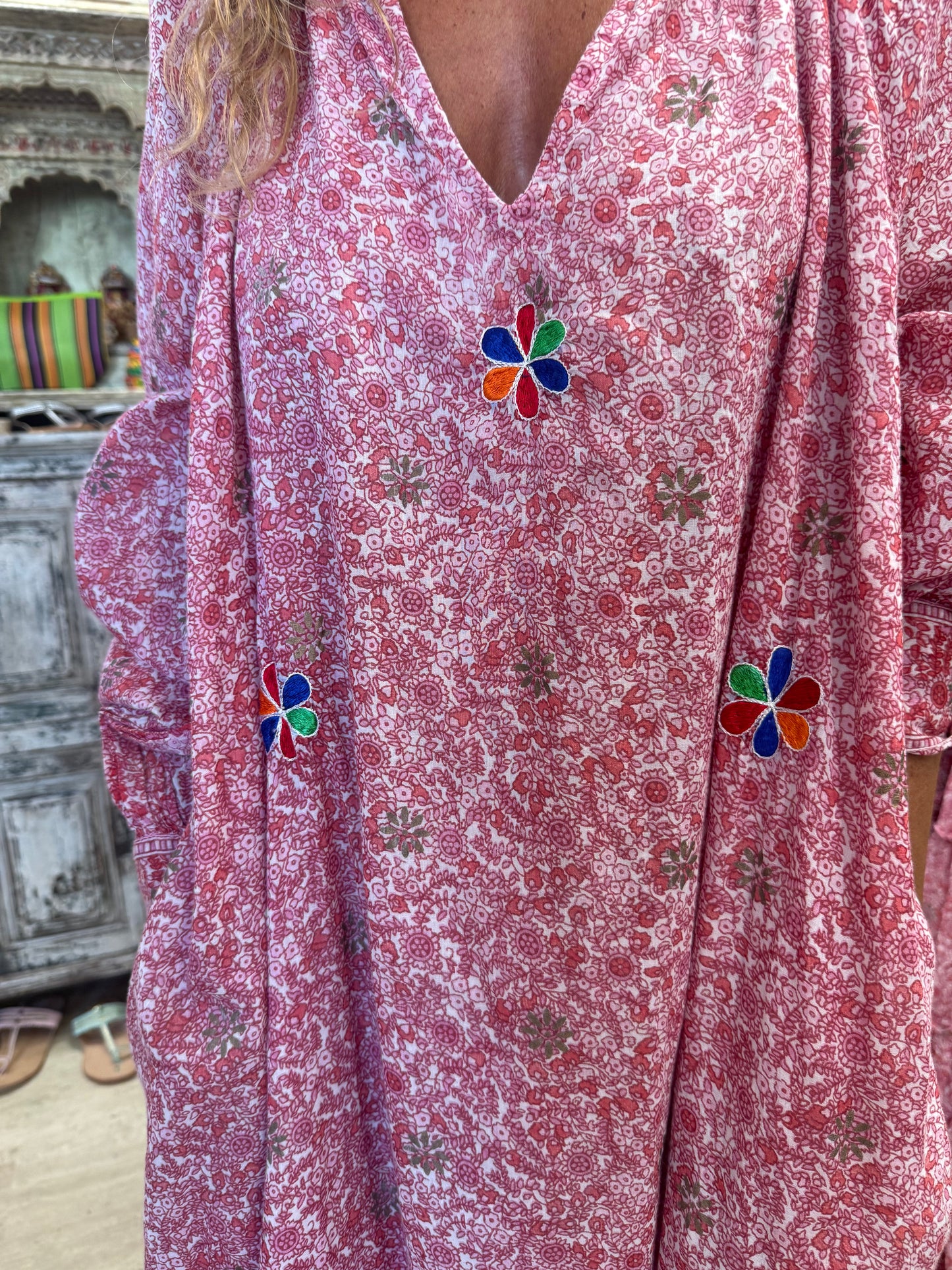 EMMA LONG RED & PINK PRINT WITH EMBROIDERY