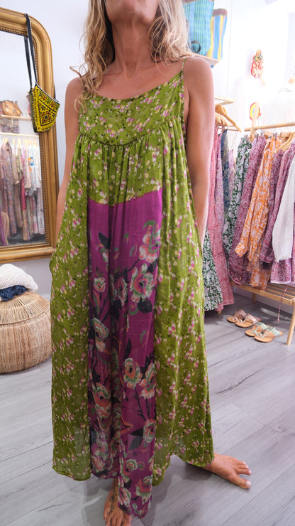 ROBE CAMELIA SILK GREEN AND PURPLE