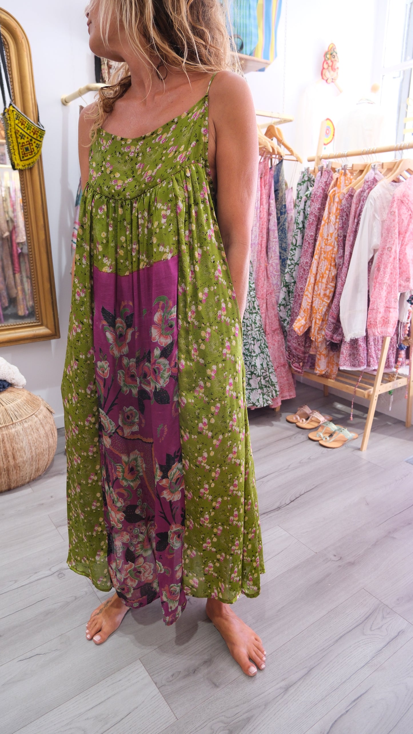 ROBE CAMELIA SILK GREEN AND PURPLE