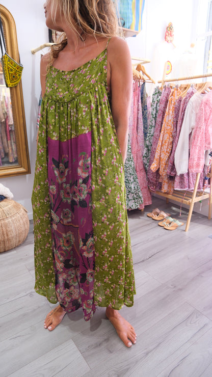 ROBE CAMELIA SILK GREEN AND PURPLE