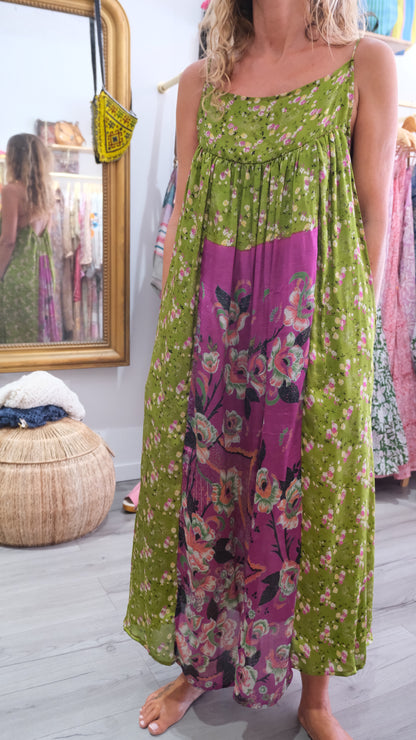 ROBE CAMELIA SILK GREEN AND PURPLE