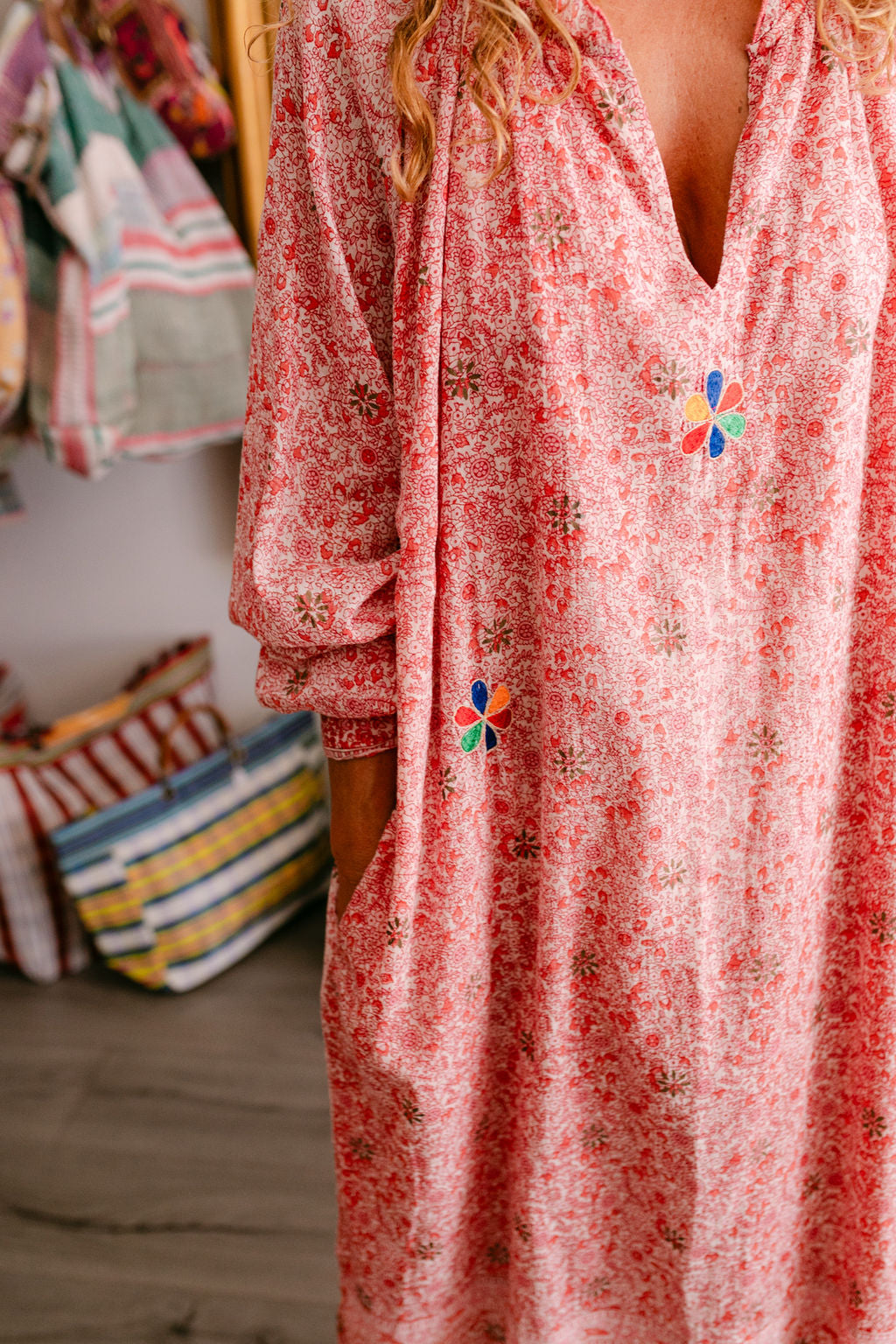 EMMA RED & PINK PRINT WITH EMBROIDERY