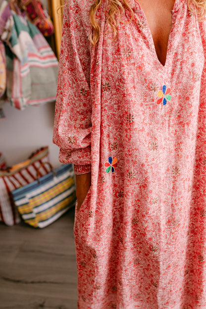 EMMA RED & PINK PRINT WITH EMBROIDERY