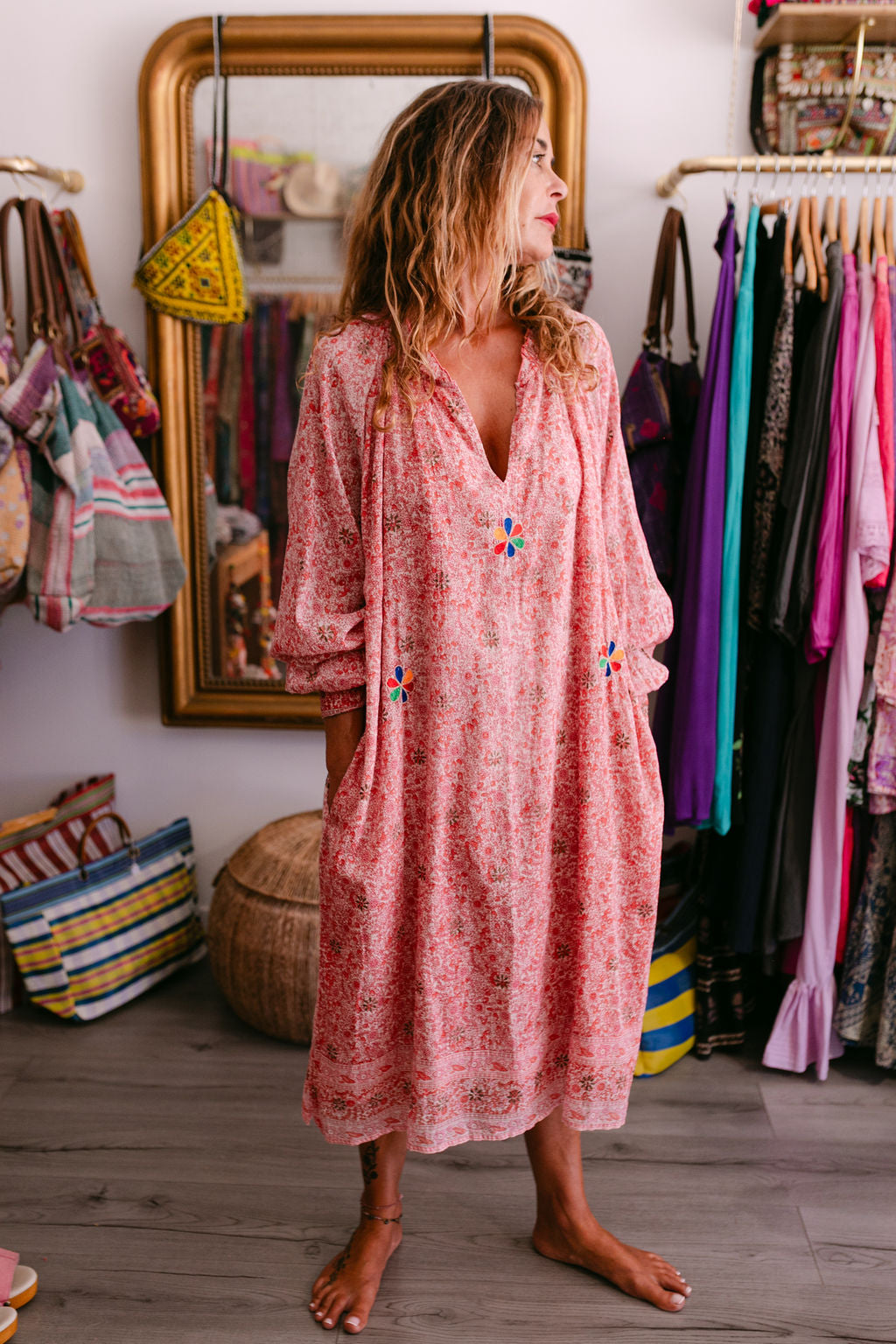 EMMA RED & PINK PRINT WITH EMBROIDERY