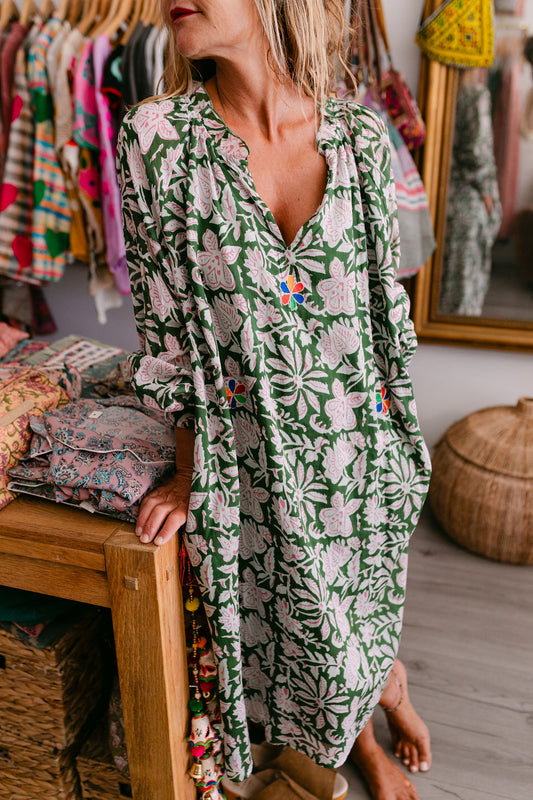 EMMA GREEN PRINT WITH EMBROIDERY