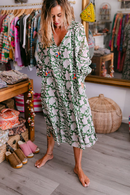 EMMA GREEN PRINT WITH EMBROIDERY