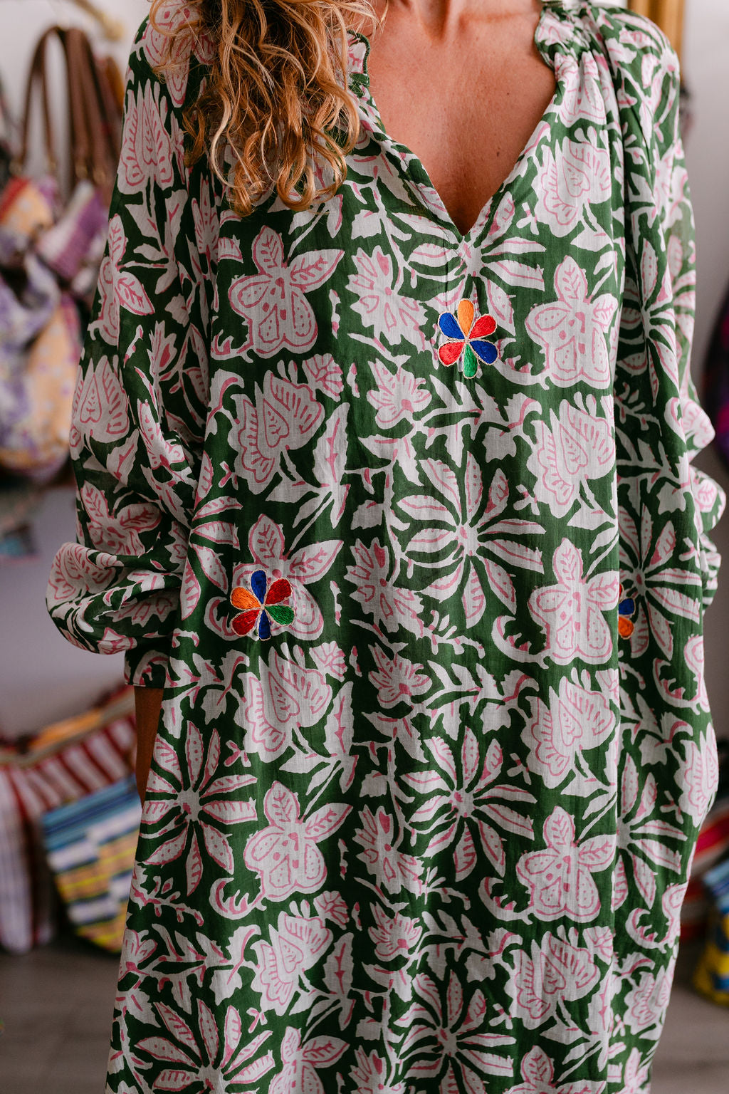 EMMA GREEN PRINT WITH EMBROIDERY