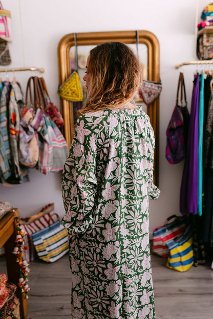 EMMA GREEN PRINT WITH EMBROIDERY