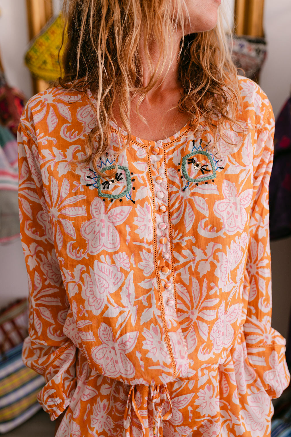 BLOUSE ELISA ORANGE PRINT WITH EMBROIDERY