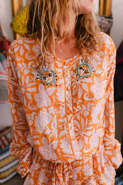 BLOUSE ELISA ORANGE PRINT WITH EMBROIDERY