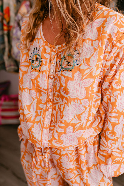 BLOUSE ELISA ORANGE PRINT WITH EMBROIDERY