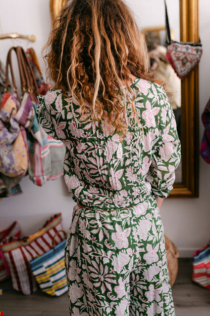BLOUSE ELISA GREEN PRINT WITH EMBROIDERY