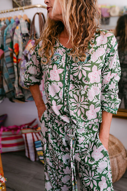 BLOUSE ELISA GREEN PRINT WITH EMBROIDERY