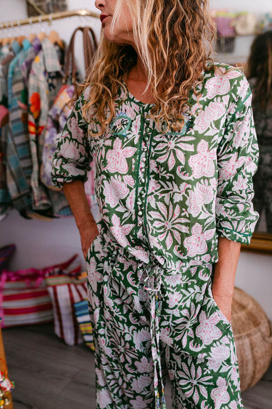BLOUSE ELISA GREEN PRINT WITH EMBROIDERY