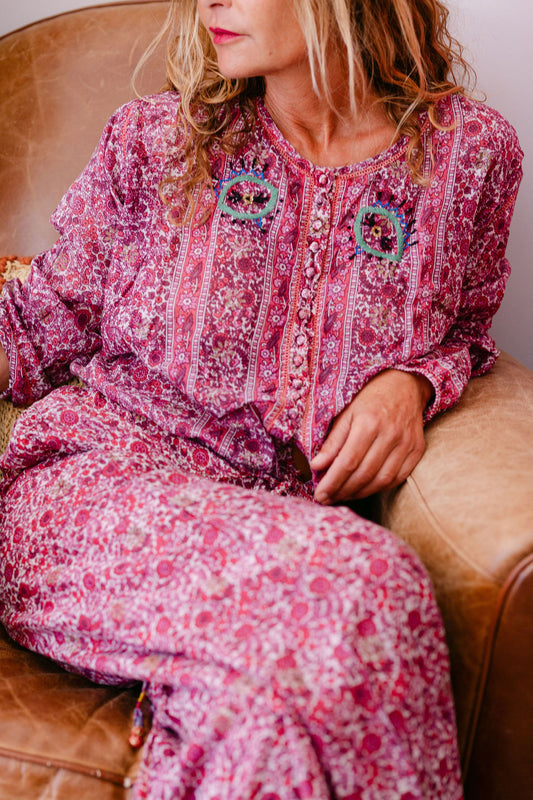 BLOUSE ELISA BORDEAU PRINT WITH EMBROIDERY