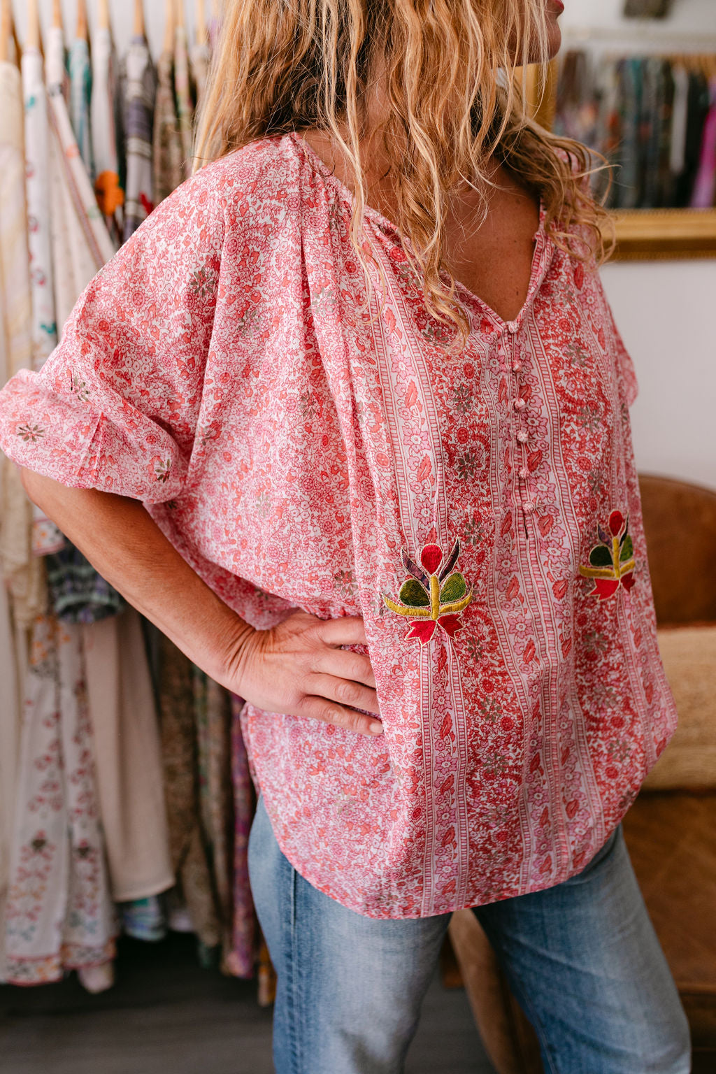 BLOUSE VIOLA RED & PINK PRINT