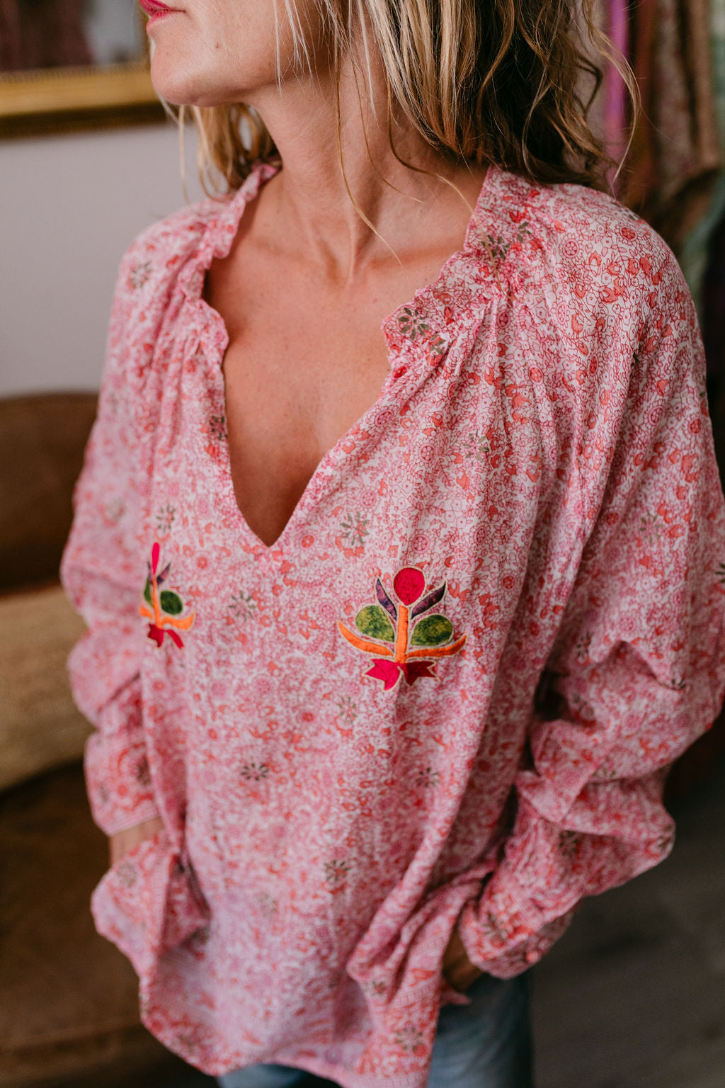BLOUSE PAULA RED & PINK PRINT