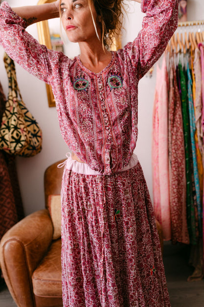 NANA SKIRT BORDEAU PRINT WITH EMBROIDERY