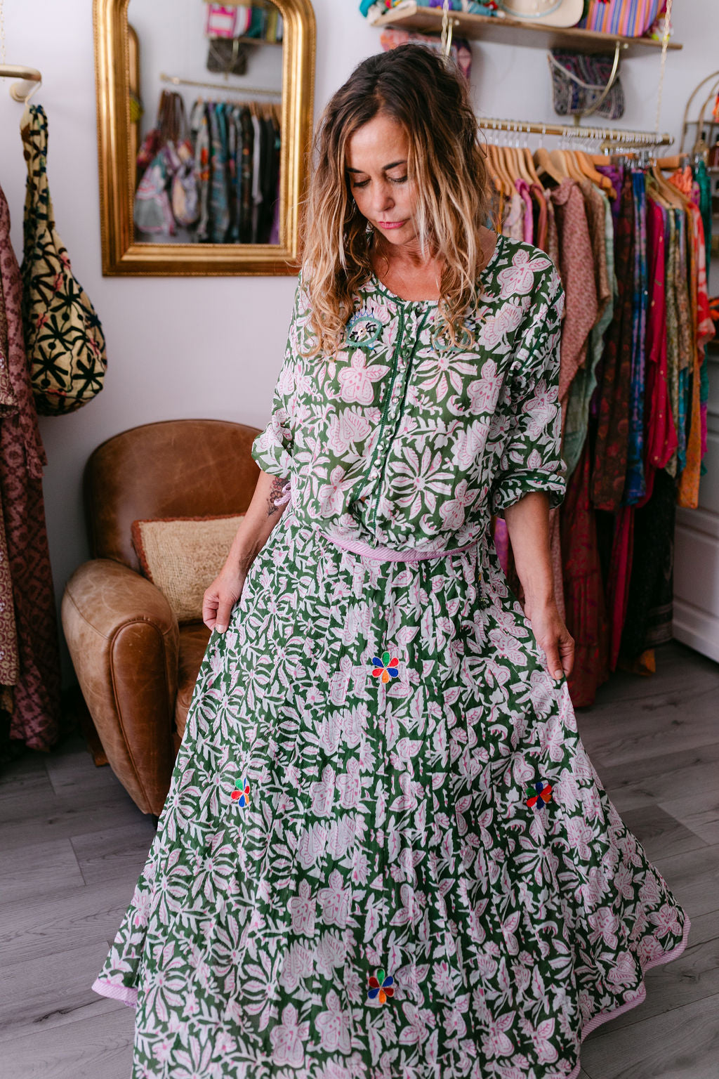 NANA SKIRT GREEN PRINT WITH EMBROIDERY