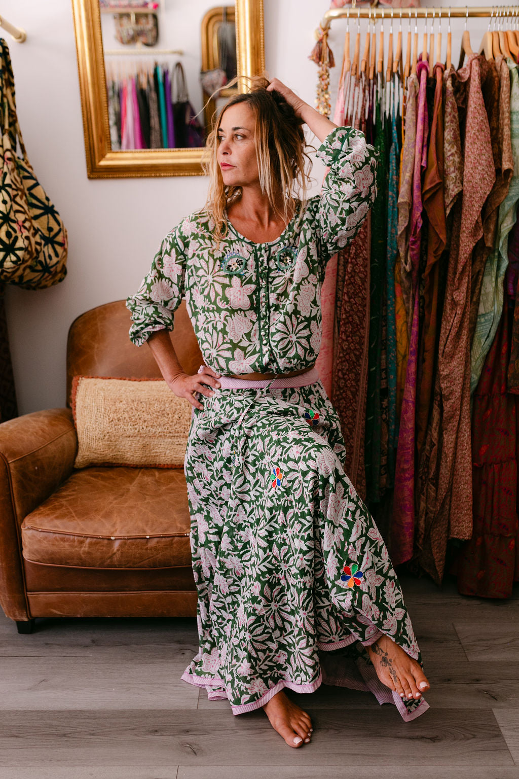 NANA SKIRT GREEN PRINT WITH EMBROIDERY