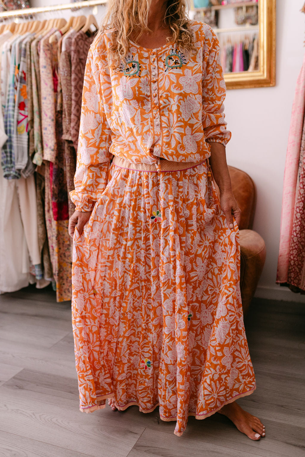 NANA SKIRT ORANGE PRINT WITH EMBROIDERY