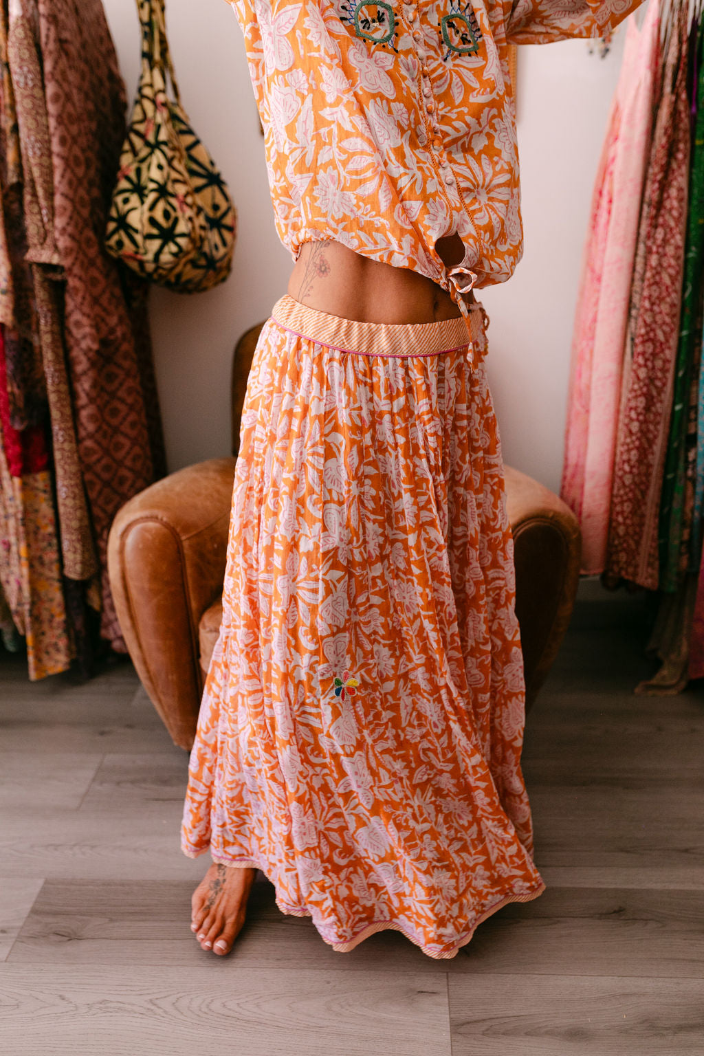NANA SKIRT ORANGE PRINT WITH EMBROIDERY