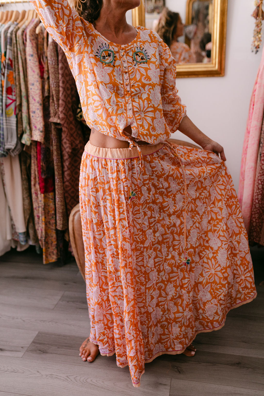 NANA SKIRT ORANGE PRINT WITH EMBROIDERY