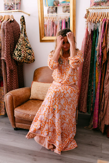 NANA SKIRT ORANGE PRINT WITH EMBROIDERY