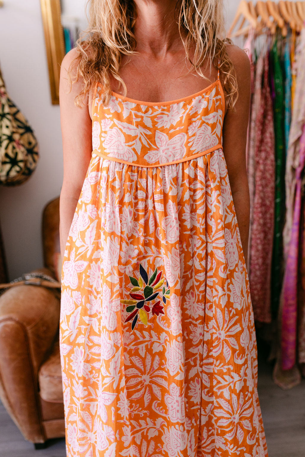 CAMELIA ORANGE & PINK PRINT WITH EMBROIDERY