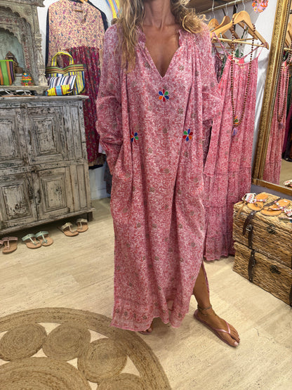 EMMA LONG RED & PINK PRINT WITH EMBROIDERY