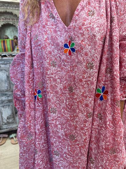 EMMA LONG RED & PINK PRINT WITH EMBROIDERY