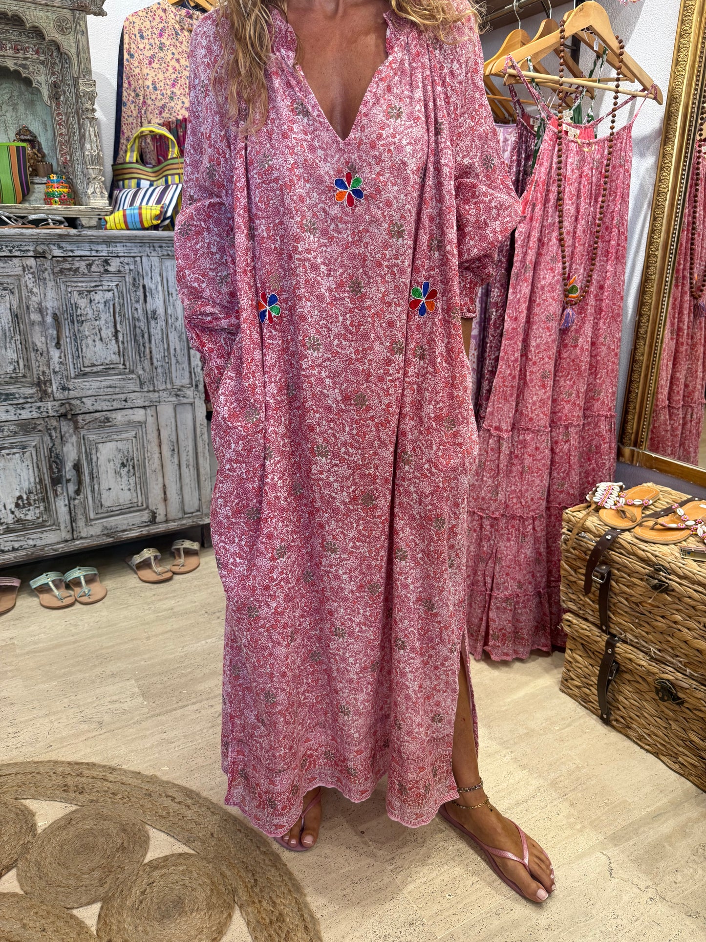 EMMA LONG RED & PINK PRINT WITH EMBROIDERY