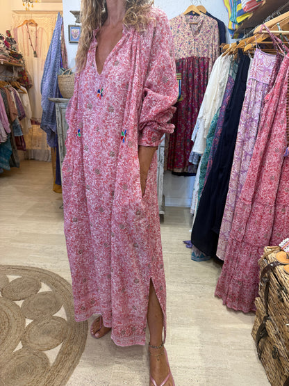 EMMA LONG RED & PINK PRINT WITH EMBROIDERY