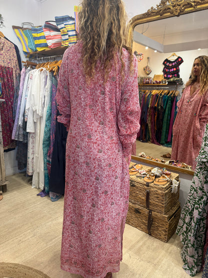 EMMA LONG RED & PINK PRINT WITH EMBROIDERY