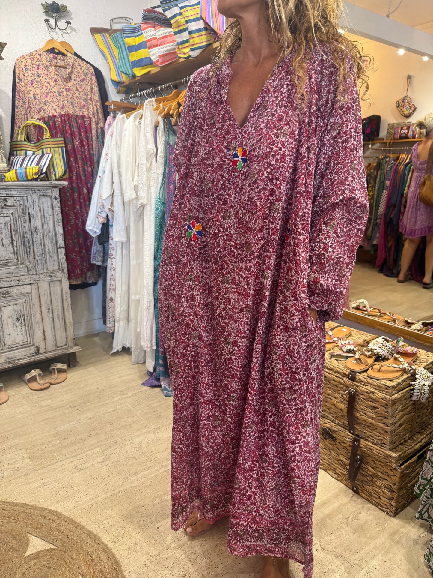 EMMA LONG BORDEAU PRINT WITH EMBROIDERY