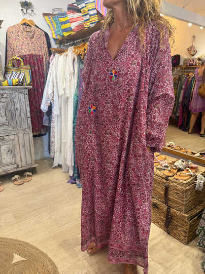 EMMA LONG BORDEAU PRINT WITH EMBROIDERY