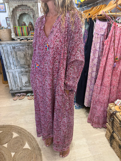 EMMA LONG BORDEAU PRINT WITH EMBROIDERY