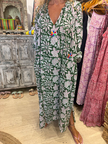 EMMA LONG GREEN PRINT WITH EMBROIDERY