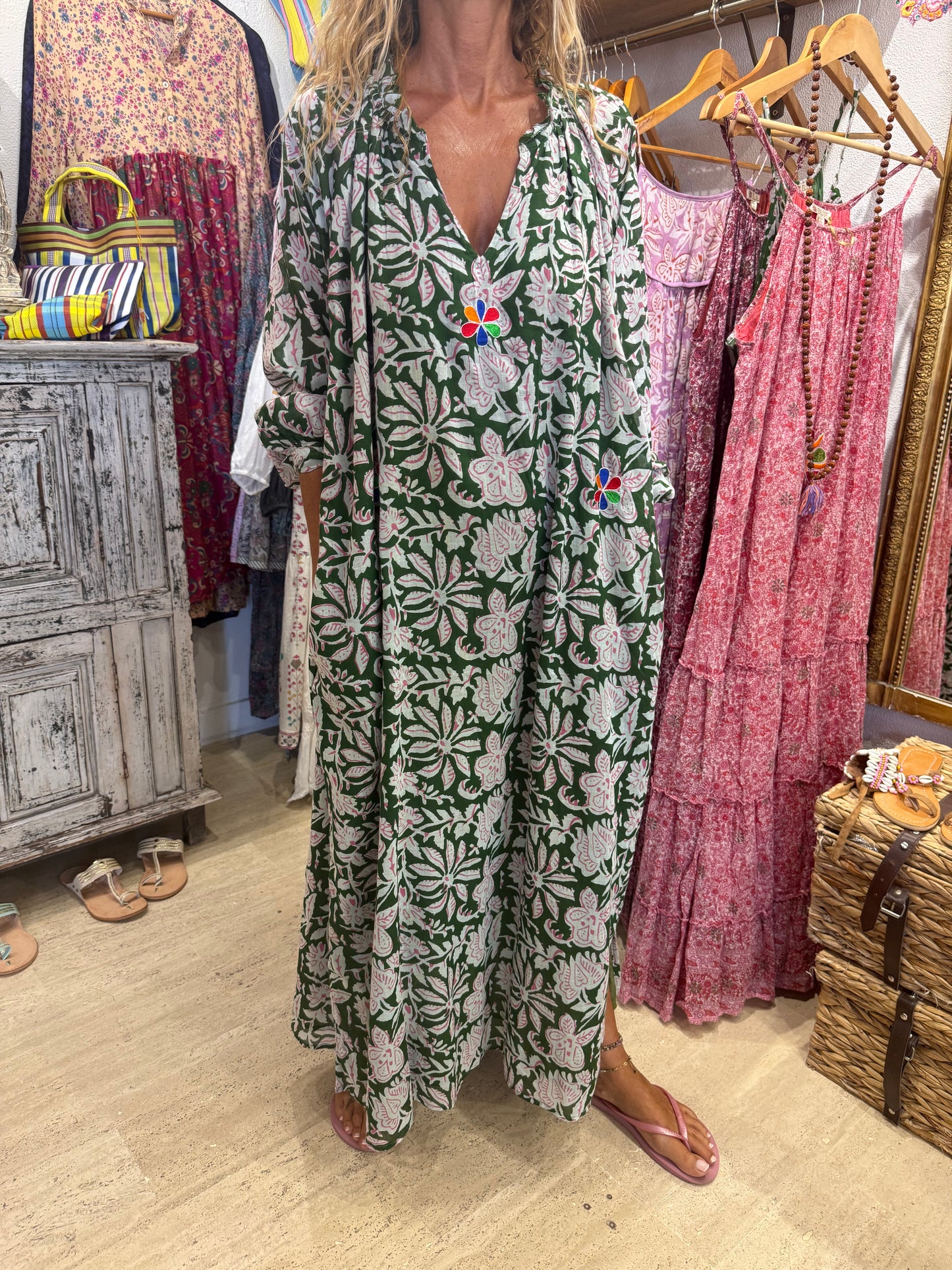 EMMA LONG GREEN PRINT WITH EMBROIDERY