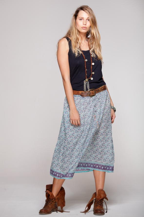 Skirt vintage print Boho style - Geraldine BLUE
